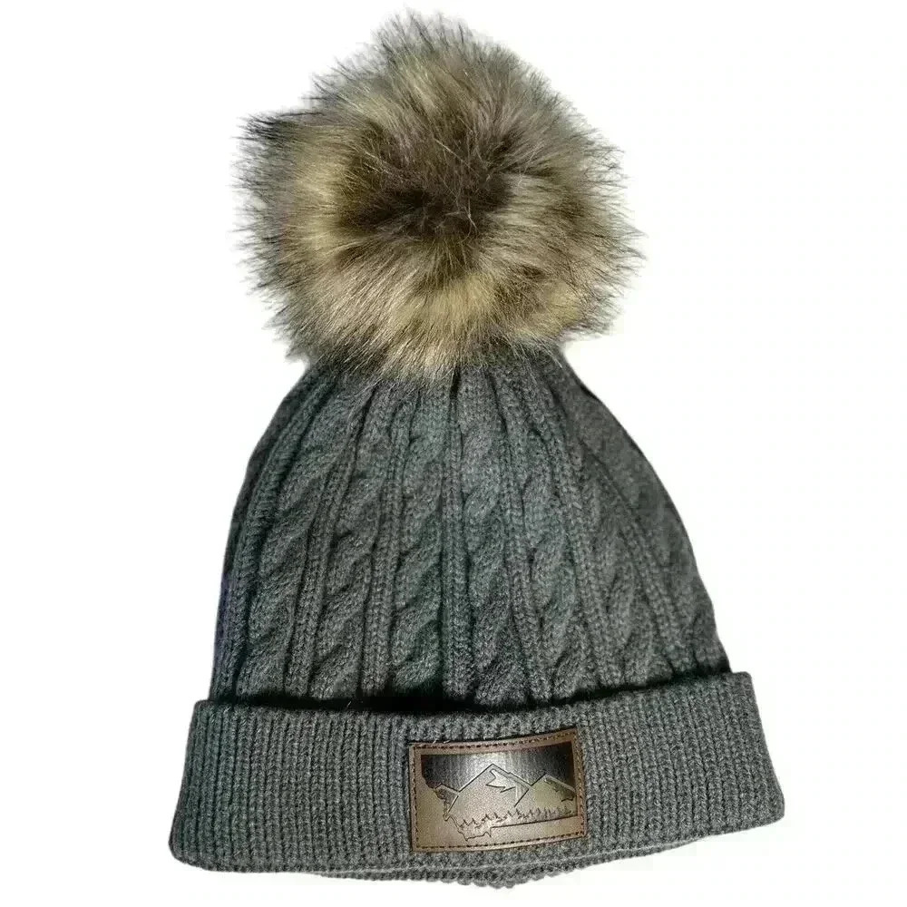 Montana Theme Gray Winter Beanie Children's 4-10 Fur Pom Pom
